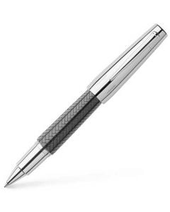 The Faber-Castell, E-Motion, Parquet Black Resin Rollerball Pen features an intricate, laser engraved design and contrasting chrome plated trim.