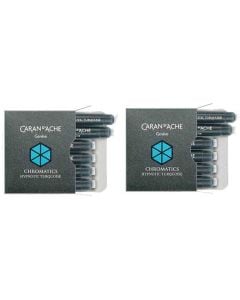 Full view of the Hypnotic Turquoise small ink cartridge 2 x 6 pack suitable for all Caran d'Ache fountain pens.