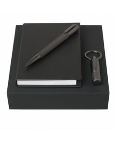 Black A6 notepad, Pure ballpoint pen and keyring USB set by Hugo Boss.