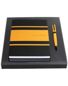 This Gear Matrix Yellow Ballpoint Pen & A5 Notebook Set was designed by Hugo Boss. 