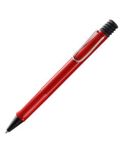 The LAMY Safari Red ballpoint pen has black plastic trim in the form of its cone and click-button.