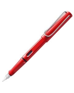 The LAMY red fountain pen in the Safari collection arrives in a small pop up box under a two year warranty.