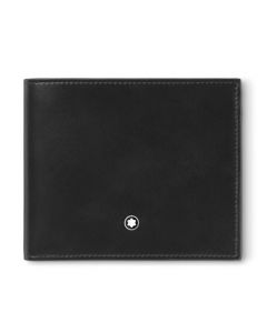 Montblanc's Meisterstück 8CC Bifold Wallet in Black Leather has the snowcap emblem on the exterior with palladium plating.