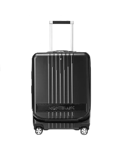 Montblanc's #MY4810 Cabin Trolley Case with Front Pocket, Black has the brand name across the front.