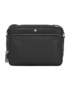 Montblanc's Sartorial Messenger Bag in Saffiano Black Leather has the snowcap emblem on the front for embellishment and branding.