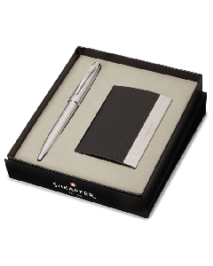 This Brushed Chrome 100 Ballpoint Pen & Card Holder Set is by Sheaffer and comes in a branded gift box. 