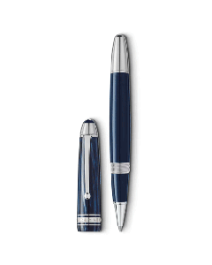 Montblanc's Meisterstück Blue LeGrand Rollerball Pen The Origin Collection is made out of precious resin and ruthenium with polished silver trims.
